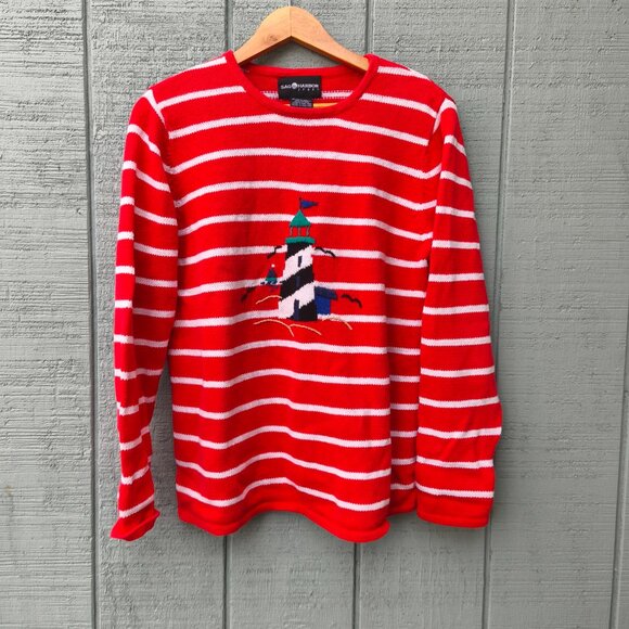 90s Sag Habor Embroidered Lighthouse Nautical Striped Knit Sweater sz M Red Whit - Picture 2 of 10